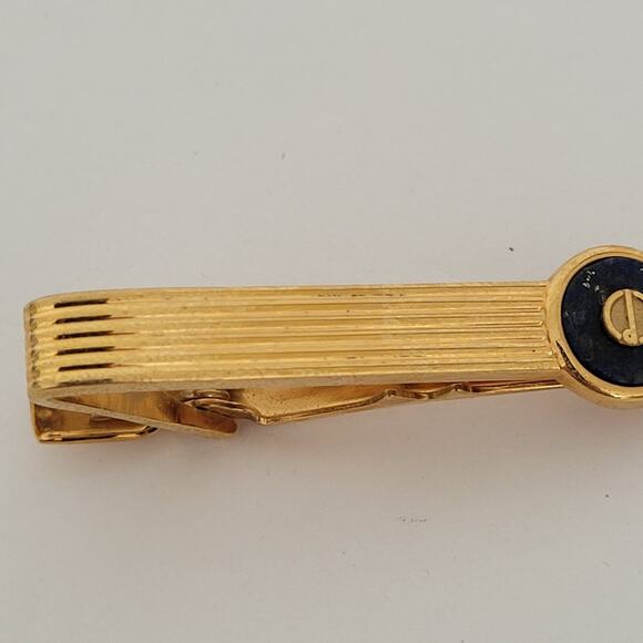 Dunhill Vintage Lapis Lazuli Striped Tie Clasp Clip Bar Gold Retro Vintage Logo - Picture 3 of 8